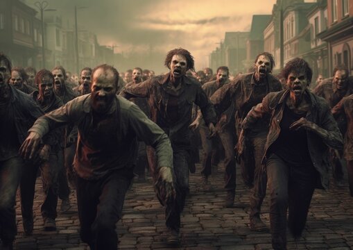 a group of zombies walking on a street
