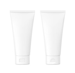 Blank plastic tube mockup with two types caps. Front view. Vector illustration isolated on white background. Can be use for your design, advertising, promo and etc. EPS10.