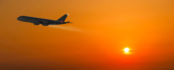 Passenger commercial aircraft flying above the clouds in sunset light.