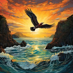 Obraz premium The painting depicts a sunset over the ocean with birds, mountains, and the sun. (Generative AI)