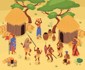 African Village Isometric Composition