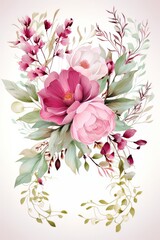 Watercolor floral design for wedding or birthday invitation card. Copy space. Greeting card. Generative AI.
