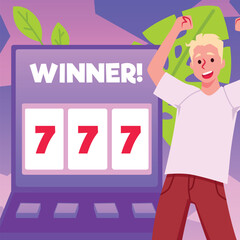 Slot machine jackpot win, lucky happy man winning with all sevens spin combination vector cartoon gambling entertainment
