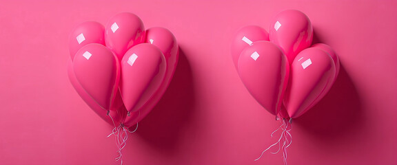 Pink heart shaped balloons on a pink background.