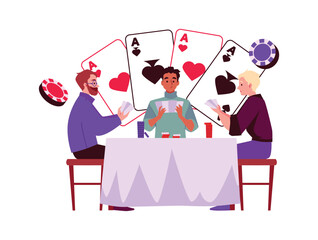Men play poker, gambling card game for chips, cartoon risky characters vector illustration with aces of different suits