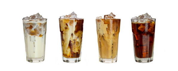 Set of ice caramel latte coffee and black amricano coffee cold in tall glass isolated clipping path clean cut on white background.