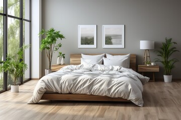 Fototapeta na wymiar Beautiful minimal bedroom with a double bed, generative ai
