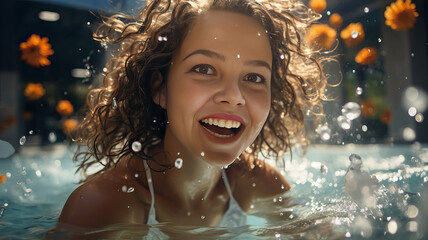 happy woman in a refreshing swimming pool, generative ai