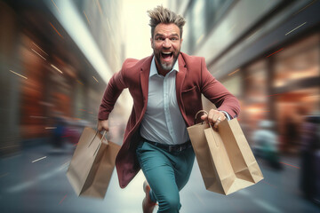 Running man in business attire carrying grocery shopping bags, generative ai