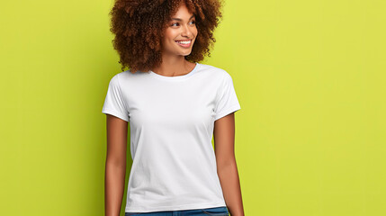 Plain white t-shirt mockup design. Portrait of young afro american woman on vibrant green background. Front view.