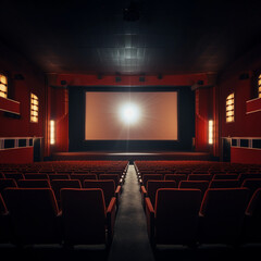 Empty of cinema in blue color with white blank screen. Mockup of hall, no people and auditorium. Generative AI