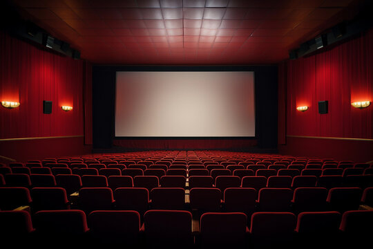 Empty of cinema in blue color with white blank screen. Mockup of hall, no people and auditorium. Generative AI