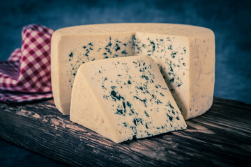 Cheese collection, piece of gorgonzola cheese with blue mold close up