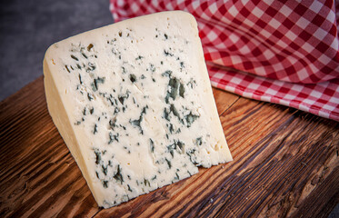 Cheese collection, piece of gorgonzola cheese with blue mold close up