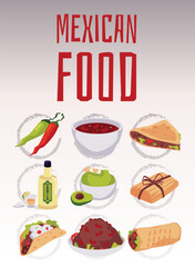 Poster of vertical banner with various Mexican dishes flat style, vector illustration