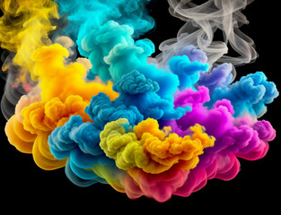 Obraz premium Dense multicolored smoke of red, purple and pink colors on a black isolated background. Background of smoke, Generative AI
