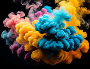Fototapeta premium Dense multicolored smoke of red, purple and pink colors on a black isolated background. Background of smoke, Generative AI
