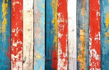 Texture of vintage wood boards with cracked paint of white, red, yellow and blue color. Horizontal...