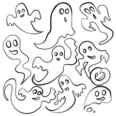 Set of outline doodle ghosts, spirits of various shapes for scary holiday