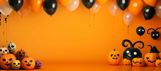 Halloween banner with ghost balloons and pumpkins. Holiday illustration isolated on orange background. Generative AI

