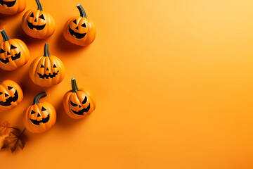 Holiday Halloween Banner with Pumpkins on orange background. Top view. Copy space. Generative AI
