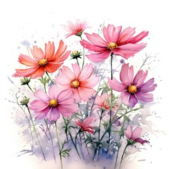 Watercolor floral illustration, Pink cosmos flowers composition.