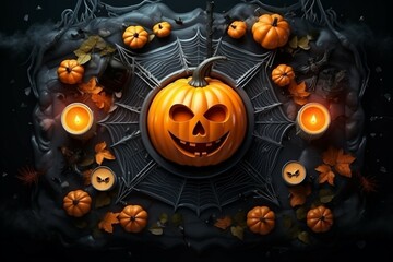 Happy Halloween banner with halloween pumpkins, spiders web, branch, spiders and candles. Top view. Copy space. Generative AI
