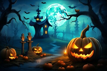Holiday Halloween Illustration with dark castle and pumpkins. Generative AI
