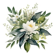 Wedding floral composition, watercolor big flowers, eucalyptus greenery arrangement, isolated on white
