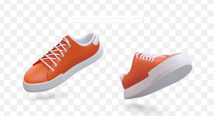 Pair of realistic sneakers. Colorful stylish modern lace up shoes. Sports style, high sole. Isolated vector illustration, top and bottom view. Idea for shoe store