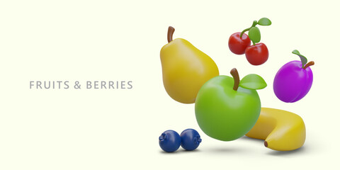 Realistic colored fruits and berries. Horizontal poster with text. Assortment of grocery store. Large selection of fresh natural products. Apple, pear, banana, blueberries, cherries, plum