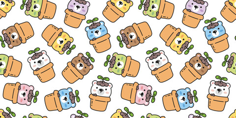 bear seamless pattern polar bear flower plant pot pet doodle vector teddy cartoon gift wrapping paper tile background repeat wallpaper scarf isolated illustration design