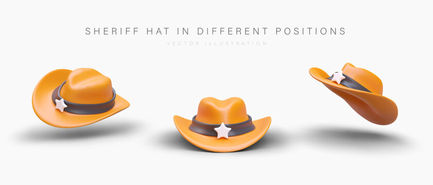 Realistic 3D cowboy hat in various poses. Product for clothing store and advertising poster. Sheriff hat in different positions. Vector illustration in orange colors in cartoon style
