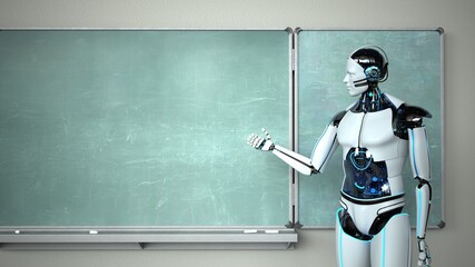 Humanoider Roboter als Dozent in der Schule vor einer Schultafel - obrazy, fototapety, plakaty