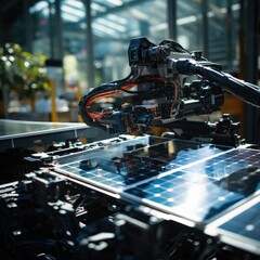 Automated Manufacturing Facility. Solar Panels are being Assembled on Conveyor. Generative AI