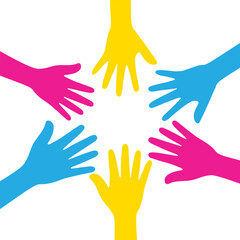 Silhouette of pink, yellow, and blue colored hands as the colors of the pansexual flag. Flat vector illustration.	