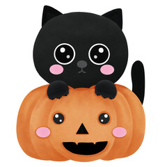 Black cat cartoon sits on a pumpkin for Halloween.