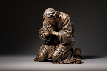 Fototapeta premium Statue of a man praying in front of a dark background