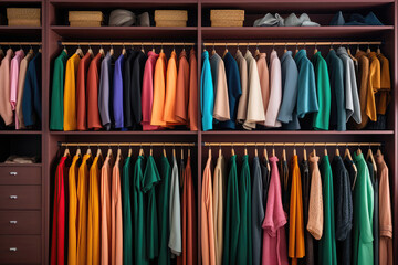 Neatly Organized Closet Filled With Colorful Dresses And Suits. Generative AI