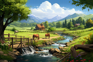 Tranquil Farm Scene With Grazing Horses, Bubbling Stream, And Wooden Bridge Illustration. Generative AI