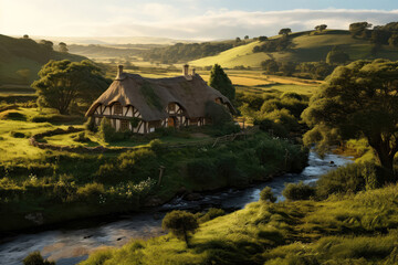 Naklejka premium An Idyllic Farmhouse Surrounded By Lush Green Fields And Winding River. Generative AI