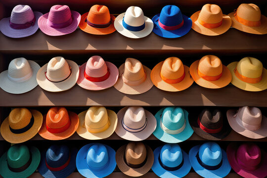 Rack Of Neatly Organized Colorful Summer Hats. Generative AI