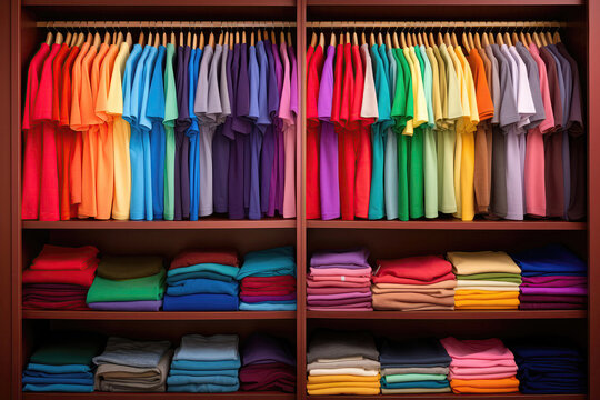 Vibrant Wardrobe With Shelves Full Of Folded Tshirts. Generative AI