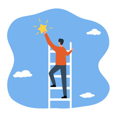 Businessman climbing on ladder to sky and catching star in flat design. Achieve goal and career success. © Orapun