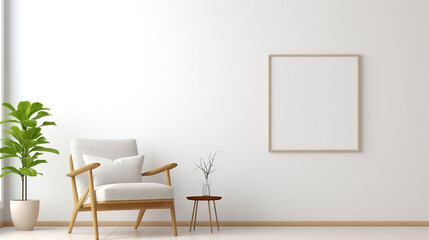 Room with chair and plant and showcase frame