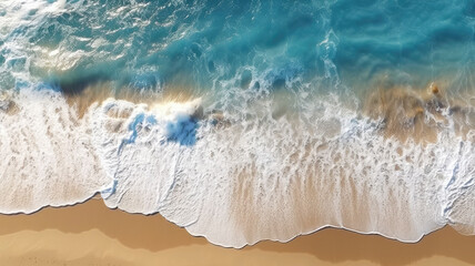 Fototapeta na wymiar ocean wave on coastal zone, white sand, deep blue water, Generative AI