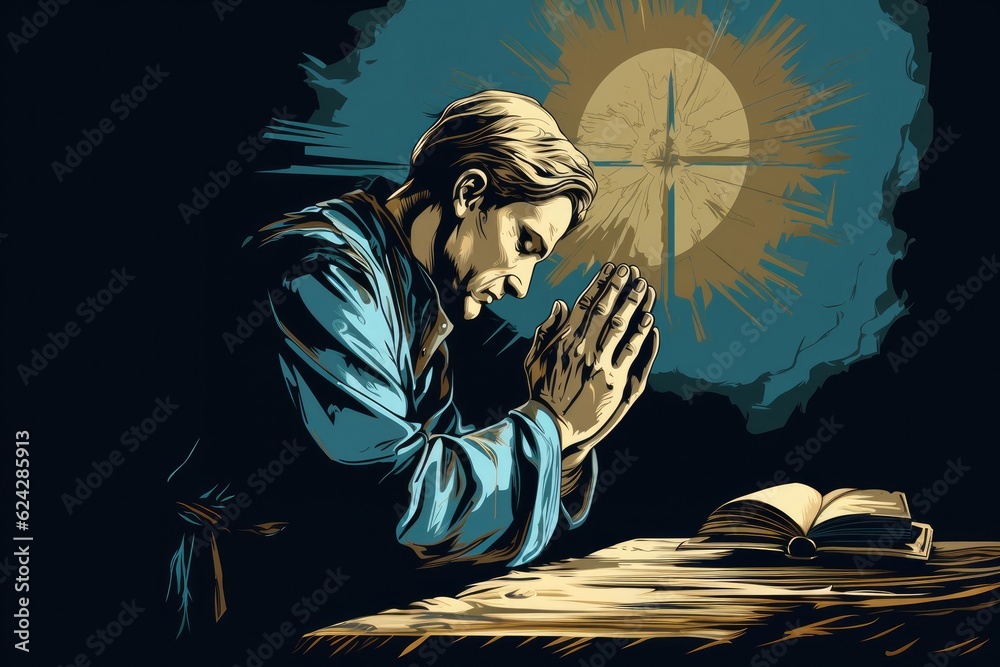 Wall mural Vector illustration of a man praying in front of the holy bible - Wall murals