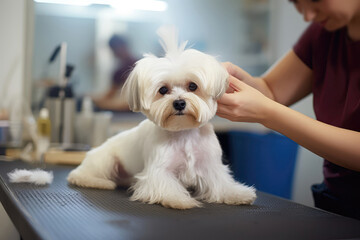 Dog Patiently Sitting As The Groomer Trims Their Paw Fur. Generative AI