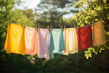 Colorful Laundry Hanging On Sunlit Clothesline Outdoors. Generative AI