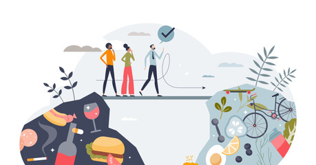 Bridging the health divide as start new healthy lifestyle tiny person concept, transparent background. Professional support for beginning or road to diet and fitness activities illustration.